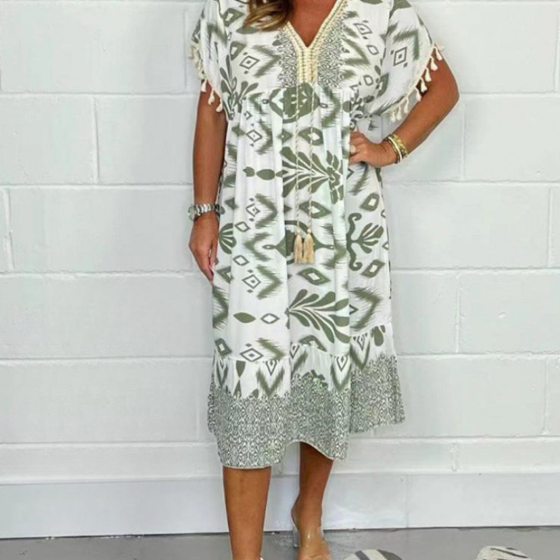 Icone™PrintedDress: Painettu V-Kaula Fringe Hiha Rento Mekko