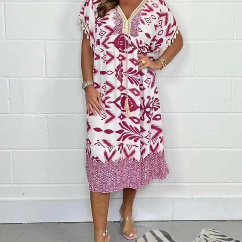 Icone™PrintedDress: Painettu V-Kaula Fringe Hiha Rento Mekko