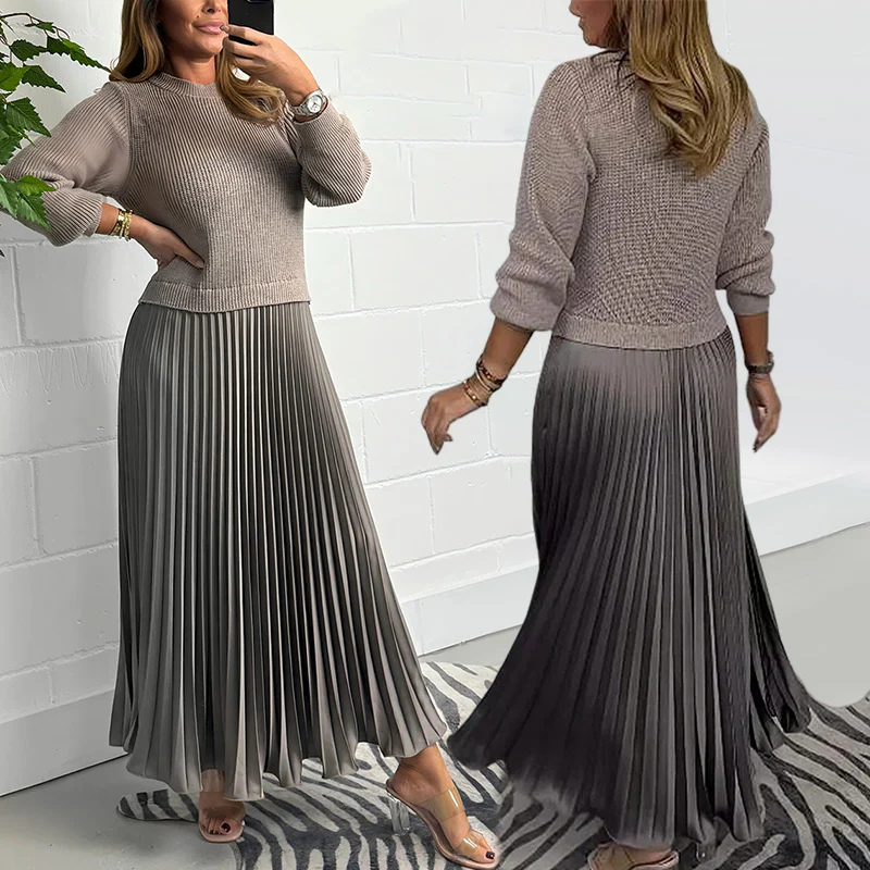 Icone™ PleatedDress: Pitkähihainen Toppi Elegantti Vekkihame Mekko