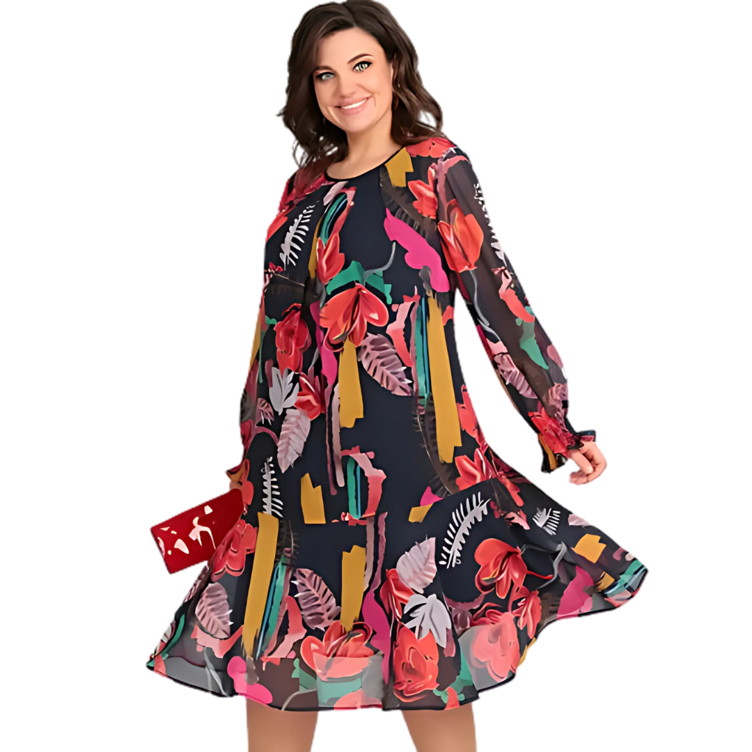 Icone™ FlowerDress: Pitkähihainen Väljä Istuvuus Kukkakuvioinen Mekko