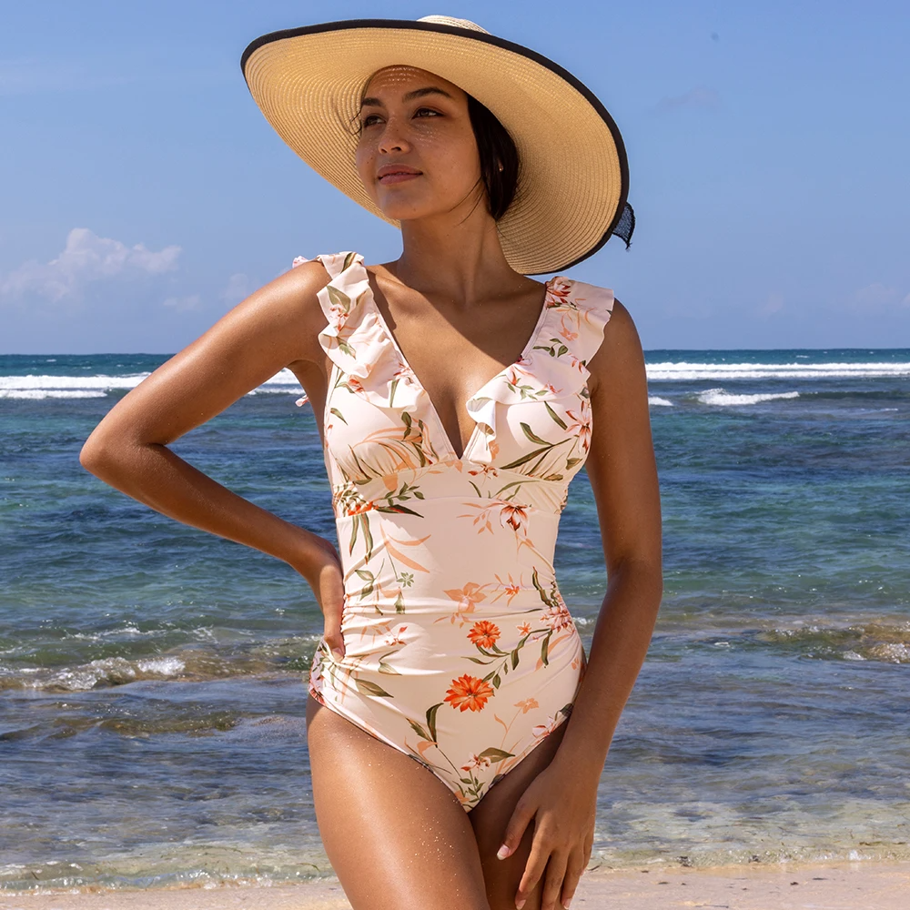 Icone™ ElegantSwimsuit: Elegantti Laskostettu V-Aukkoinen Vatsaa Muotoileva Uimapuku
