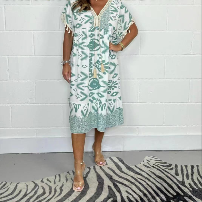 Icone™PrintedDress: Painettu V-Kaula Fringe Hiha Rento Mekko