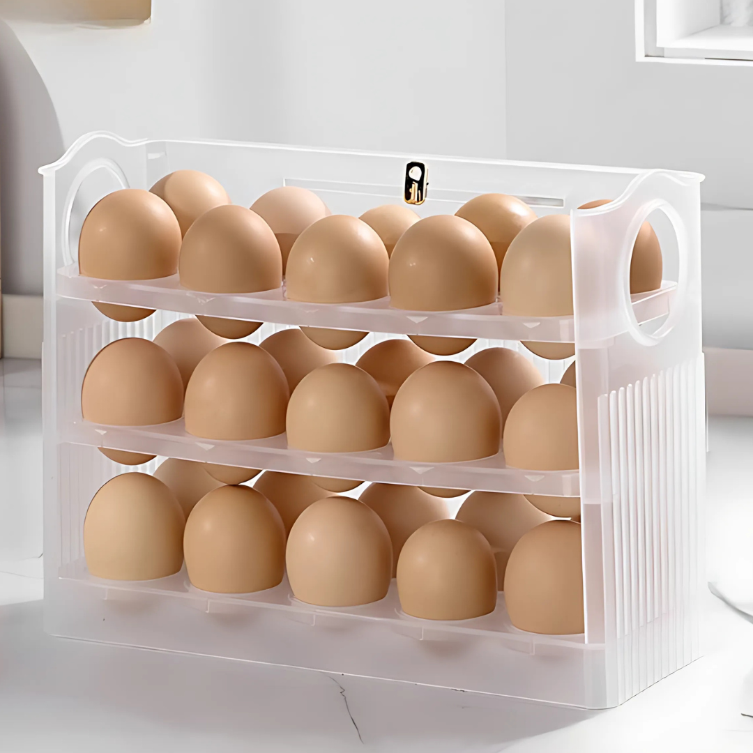 EggBox – Kolmitasoinen Itsepalautuva Munien Säilytysrasia