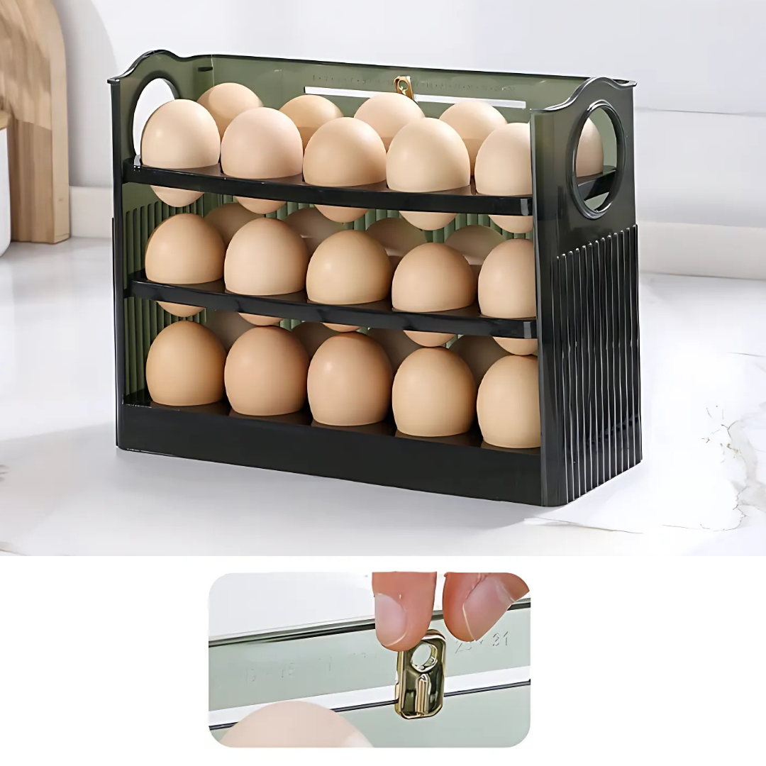 EggBox – Kolmitasoinen Itsepalautuva Munien Säilytysrasia