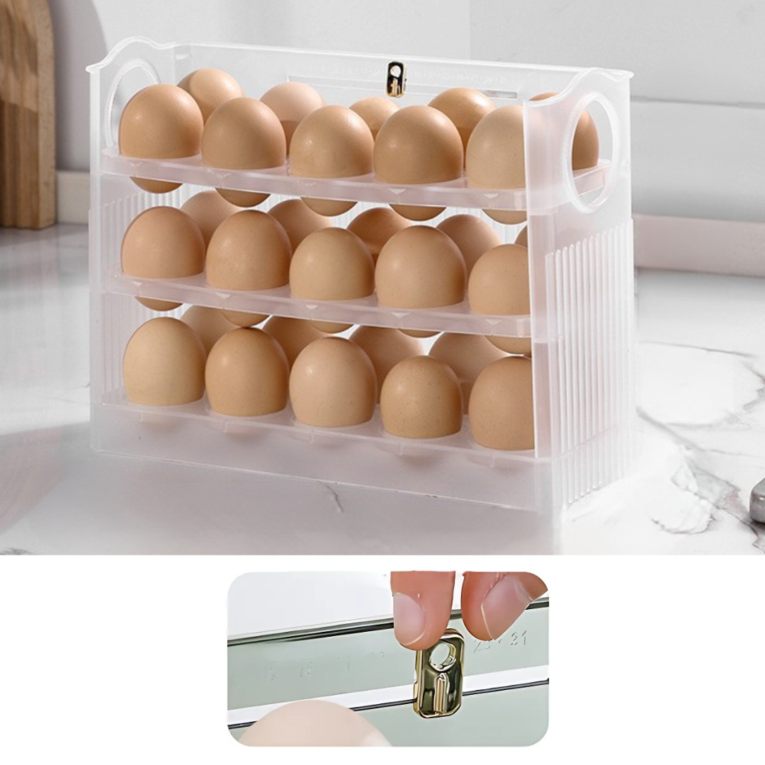 EggBox – Kolmitasoinen Itsepalautuva Munien Säilytysrasia