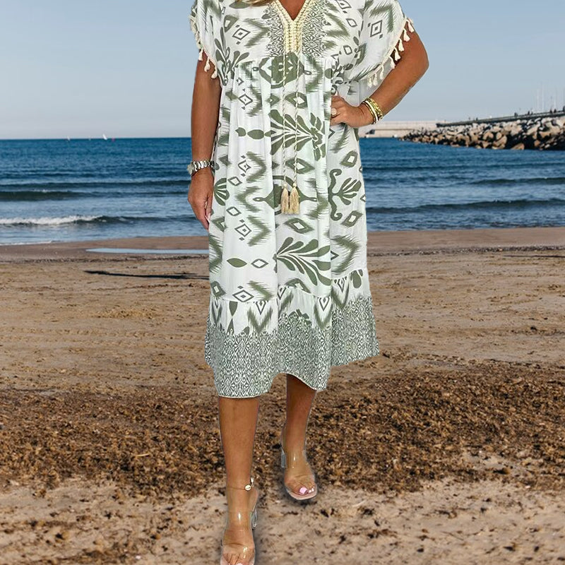 Icone™PrintedDress: Painettu V-Kaula Fringe Hiha Rento Mekko