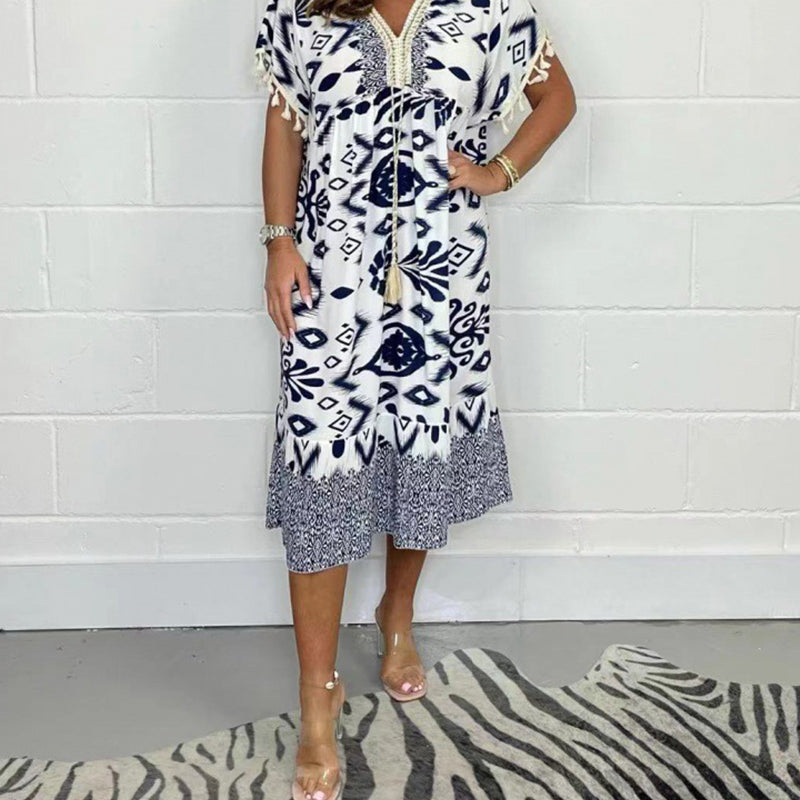Icone™PrintedDress: Painettu V-Kaula Fringe Hiha Rento Mekko