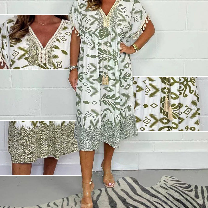 Icone™PrintedDress: Painettu V-Kaula Fringe Hiha Rento Mekko