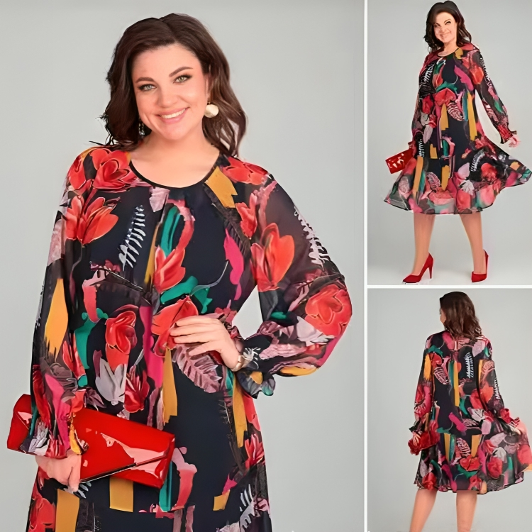 Icone™ FlowerDress: Pitkähihainen Väljä Istuvuus Kukkakuvioinen Mekko