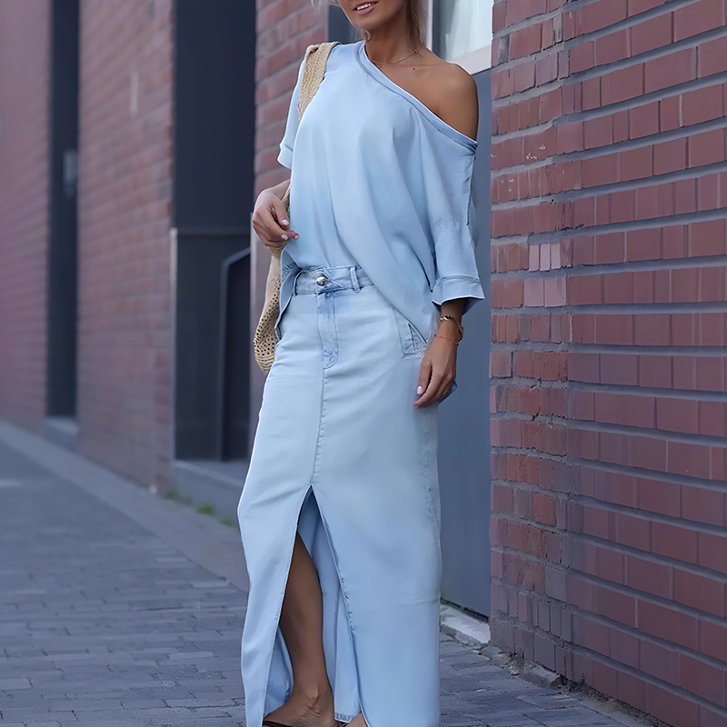 Icone™ FashionSet: Tyylikäs Pois-Olkapää Toppi Ja Farkkuhame