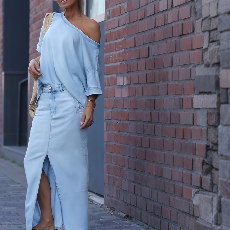 Icone™ FashionSet: Tyylikäs Pois-Olkapää Toppi Ja Farkkuhame